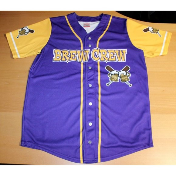 Brew Crew Big Shooter Baseball #96 Button Jersey Adult Mens XL Purple Yellow - Picture 1 of 6